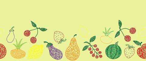 Seamless pattern border with hand drawn watermelon, cherry, apple, pear, lemon, strawberry, eggplant, currant, onion on yellow background in childrens naive style. vector