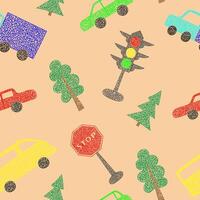 Seamless pattern with hand drawn cars on beige background in childrens naive style. vector