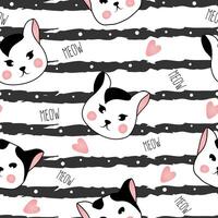 Seamless pattern with black and white headbof cats on striped background. Vector illustration for children.