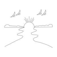 Sunset continues one line art drawing minimalist design vector and illustration