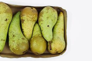 Pile of green ripe pears Conference packaged in rectangle carton cardboard container for retail sale, isolated on white background. Plastic free packaging. Top view. Selective focus. photo