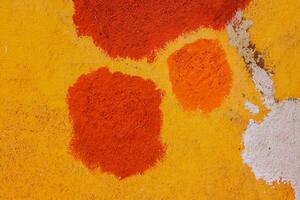 Texture of old house concrete wall painted into deep Vibrant warm golden yellow color with orange spots and cracks on the surface. Decorative plaster. Abstract design grunge background. Copy space photo