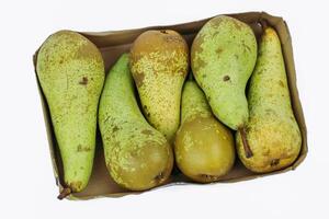 Pile of green ripe pears Conference packaged in rectangle carton cardboard container for retail sale, isolated on white background. Plastic free packaging. Top view. Selective focus. photo