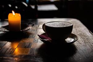 Burning wax candle and plate with a piece of berry chocolate cake and a fork  on the wooden chessboard table. Cozy evening atmosphere in cafe, coffee shop. Dark blurred background. Selective focus. photo