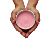 AI generated A woman is holding a jar of pink cream in her hands png