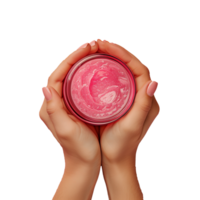 ai gegenereerd een hand- Holding een roze pot van lotion png