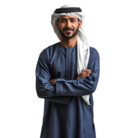 ai generiert ein Mann tragen ein Blau und Weiß Kleid mit ein Weiß Schal. arabisch Geschäft Mann png