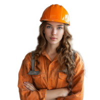 ai generado un mujer vistiendo un naranja la seguridad casco y naranja camisa png