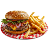 AI generated Delicious cheeseburger with fries on a checkered plate png