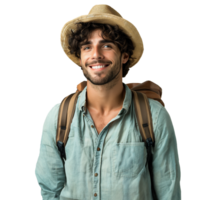 ai genererad leende äventyrare med hatt och ryggsäck på transparent bakgrund png