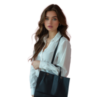 AI generated A woman is holding a black purse and wearing a white shirt png