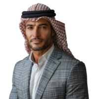 ai generiert ein Mann tragen ein Plaid Jacke und ein rot und Weiß Schal. arabisch Geschäft Mann png