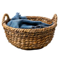 AI generated Woven basket with blue textile on transparent background png