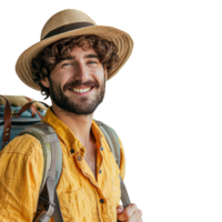 ai generiert lächelnd jung Reisender mit Rucksack auf transparent Hintergrund png