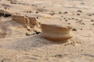 Natural sand sculptures made by wind on the Baltic sea beach. Gulf of Riga in Latvia Landscape. Blue Sky and sea on the background. Copy Space. Selective focus. photo