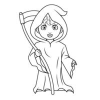 boy wearing grim reaper costume with scythe line art vector