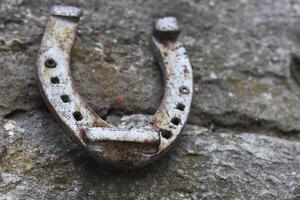 Close up of an old gray rusted horseshoe hanging on the stone wall. Antique rust horse shoe on the concrete texture with cracks and cement patches. Symbol of good luck and wealth. Selective focus photo