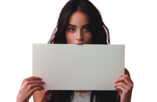 AI generated Young woman holding a blank white signboard png