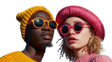 AI generated Stylish couple in colorful hats and sunglasses outdoors png