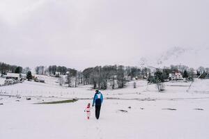 padre y un pequeño niño caminar participación manos mediante un Nevado pasto hacia el aldea. espalda ver foto