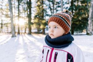 pequeño niña en un sombrero y bufanda soportes en un Nevado bosque y mira lejos foto