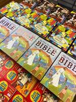 herceg-novi, montenegro - 17 agosto 2023. vistoso niños biblias con ilustraciones mentira en el mesa foto