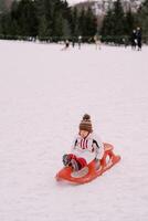 pequeño niño en mono se sienta en un trineo participación el manejas en un Nevado colina foto