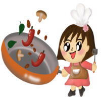 a cartoon girl cooking with a pan and a bowl of food png