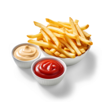 ai generato francese patatine fritte o Patata patatine fritte con ketchup isolato su trasparente sfondo png