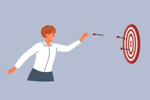 Business man is trying to hit target and achieve desired result by throwing darts at dartboard vector