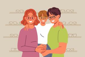 familia elige nuevo lentes para hijo, en pie en oftalmológico Tienda con contento chico en brazos vector