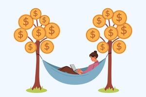 Successful woman earns passive income by lying in hammock between trees with coins and using laptop vector