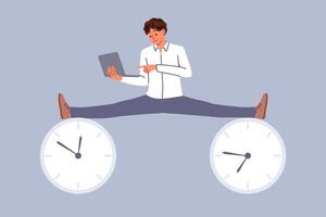 Business man with laptop enjoying flexible work schedule, does splits at clock symbolizing deadlines vector