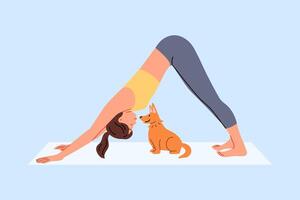 mujer lo hace pilates en yoga esteras y lo hace extensión situado cerca con gracioso perrito vector