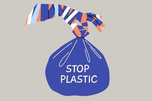 Inscription stop plastic on bag of garbage, for concern for reducing environmental pollution vector