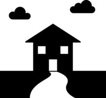 silhouette maison noir et blanc png transparent Contexte. illustration symbole logo Accueil avec route et nuage. Facile conception graphique.