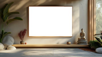 AI generated Chinese Mockup wood frame photo. Buddha statue inside in room. Vertical boarder Mock-up. Empty board photo frame. Ai generated. Colorful PNG illustration