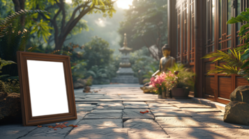 AI generated Chinese Mockup wood frame photo. Buddha statue outside on nature. Vertical boarder Mock-up. Empty board photo frame. Ai generated. Colorful PNG illustration.