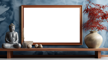 AI generated Chinese Mockup wood frame photo. Buddha statue inside in room. Vertical boarder Mock-up. Empty board photo frame. Ai generated. Colorful PNG illustration