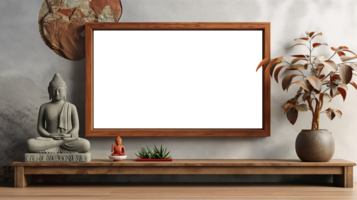 AI generated Chinese Mockup wood frame photo. Buddha statue inside in room. Vertical boarder Mock-up. Empty board photo frame. Ai generated. Colorful PNG illustration