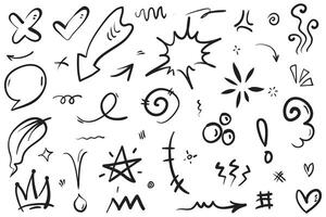 Hand drawn set elements, Abstract arrows, ribbons, hearts, stars, crowns and other elements in a hand drawn style for concept designs. Scribble illustration. Vector illustration.