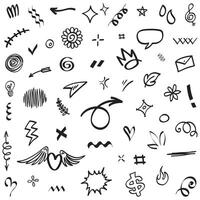 Hand drawn set elements, Abstract arrows, ribbons, hearts, stars, crowns and other elements in a hand drawn style for concept designs. Scribble illustration. Vector illustration.