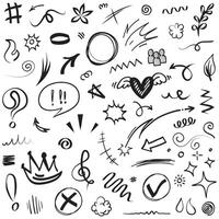 Hand drawn set elements, Abstract arrows, ribbons, hearts, stars, crowns and other elements in a hand drawn style for concept designs. Scribble illustration. Vector illustration.