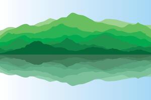 View of green mountains with reflection in lake. Vector illustration