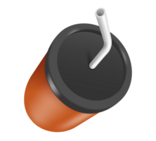 A brown plastic soda can with a black cover and a white straw inserted into it, all object on transparent background, png illustration