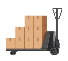 Parcel boxes or cardboard boxes are stacked on top of each other and all are placed on  hydraulic trolley used in warehouse,png illustration png