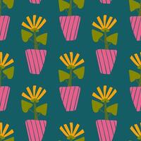 seamless pattern with hand drawn chamomile flower in a vase. Background, wrapping paper vector