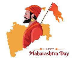 maharshtra día celebracion con maharshtra mapa y shivaji maharaj saludo tarjeta bandera vector