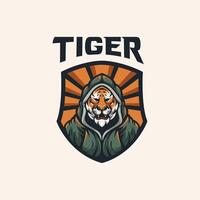 hacker tiger mascot character logo design with shield symbol vector badge logo illustration template