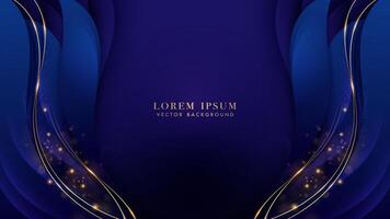 Luxury gold line with blue curve, shiny dots effect and bokeh decoration. Elegant style vector design background